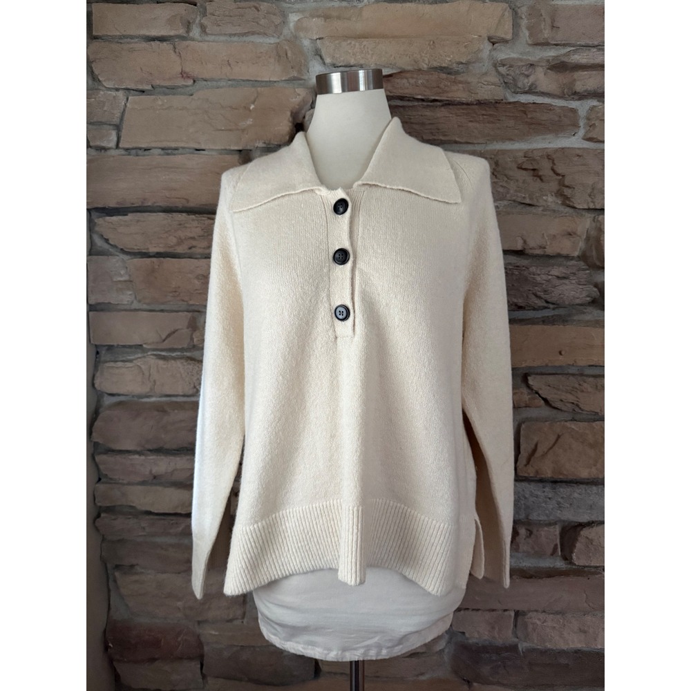 Masai Copenhagen Cream Alpaca Wool Blend Henley Polo Sweater Women Large Ivory